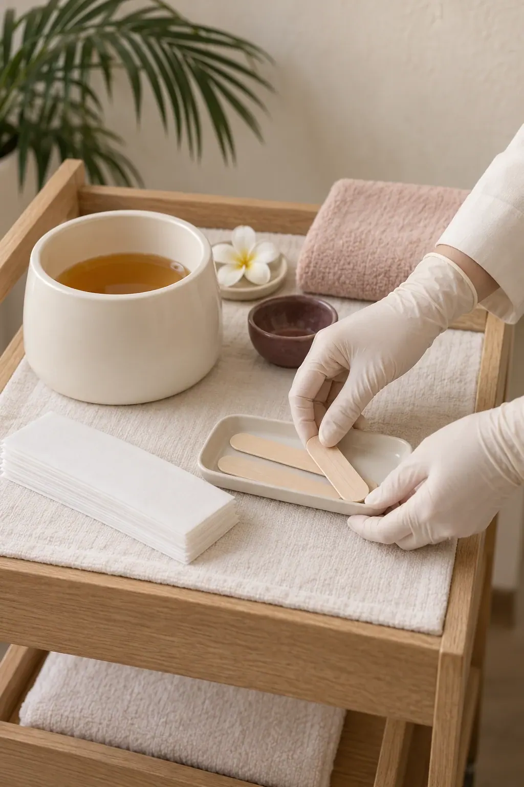 Gloved hands arrange wax strips and wooden applicators beside clean towels and a plain wax pot.