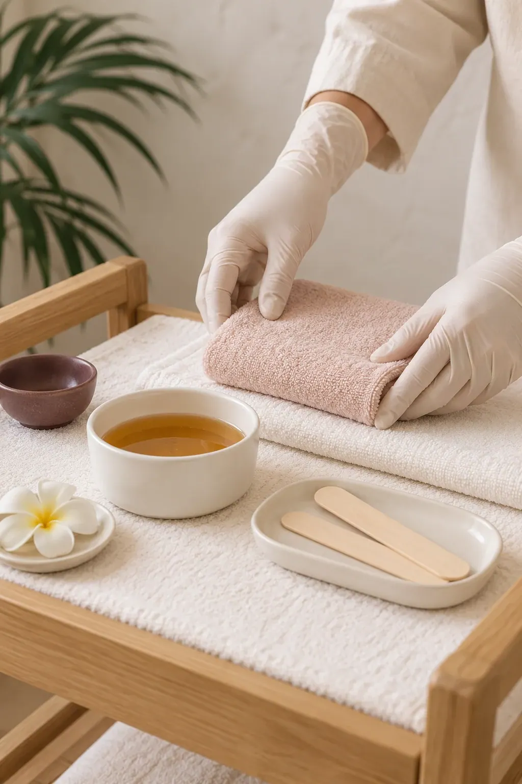 Gloved hands arrange a plain wax pot and wooden applicators beside folded ivory towels.