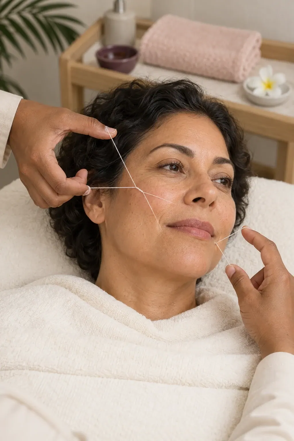 Cotton thread is held beside a guest's cheek during facial threading.
