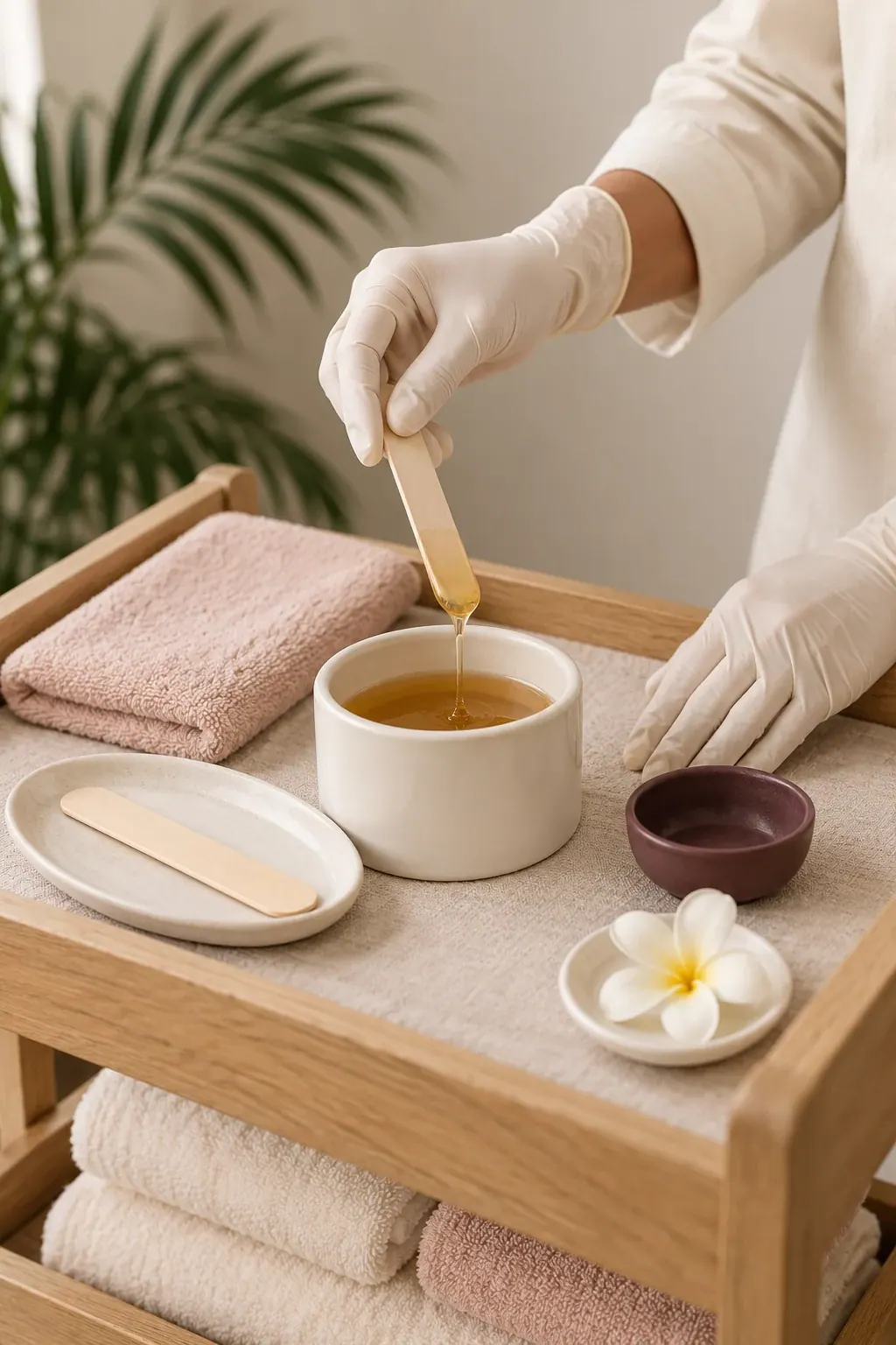 Gloved hands arrange a plain wax pot and wooden applicators beside folded ivory towels.