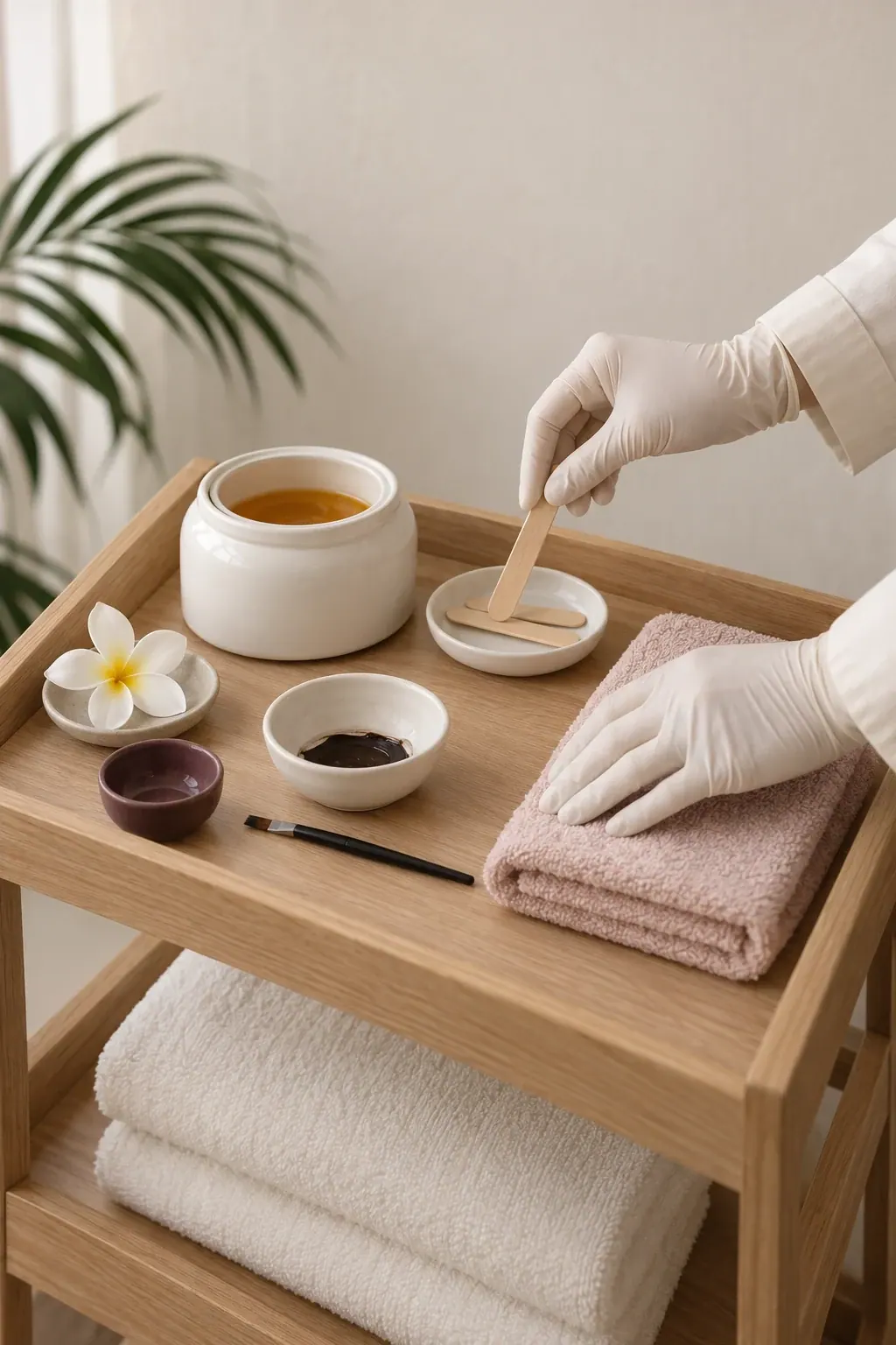 Gloved hands arrange tinting and wax preparation tools beside neatly folded towels.
