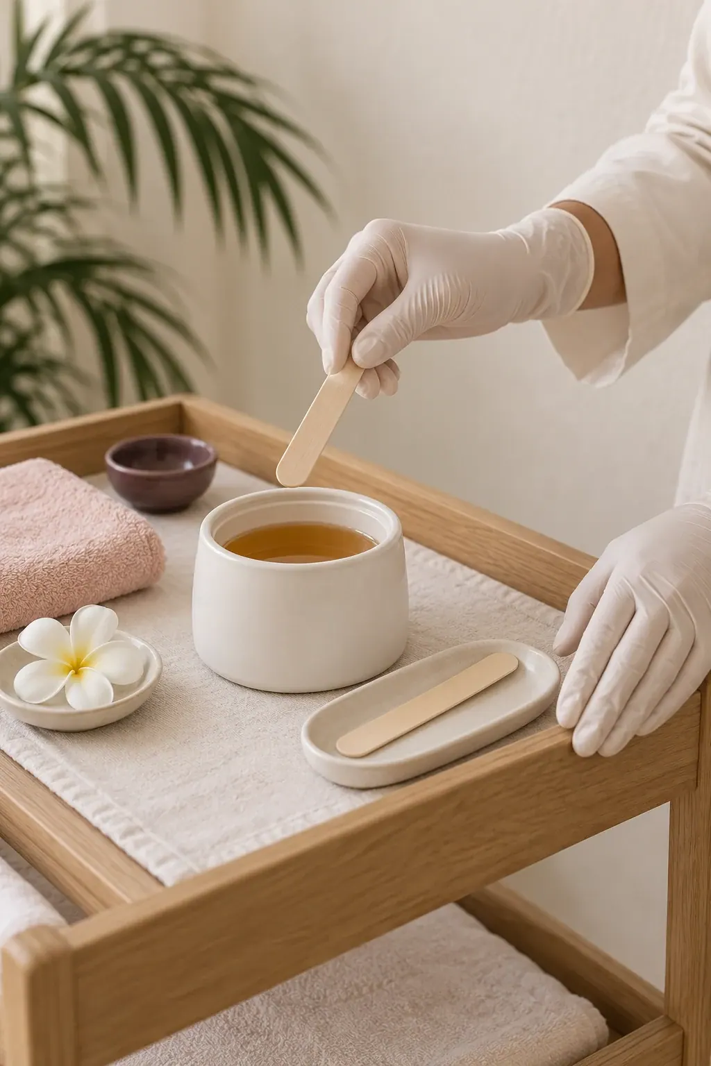 Gloved hands arrange a plain wax pot and wooden applicators beside folded ivory towels.
