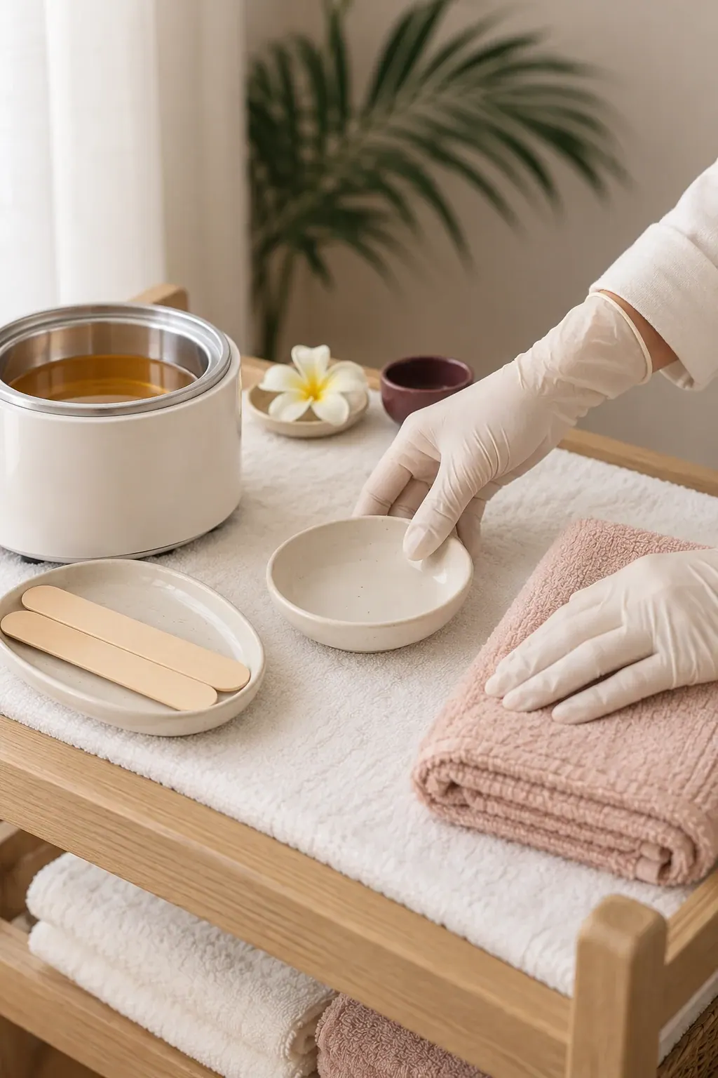 Gloved hands arrange a plain wax pot and wooden applicators beside folded ivory towels.