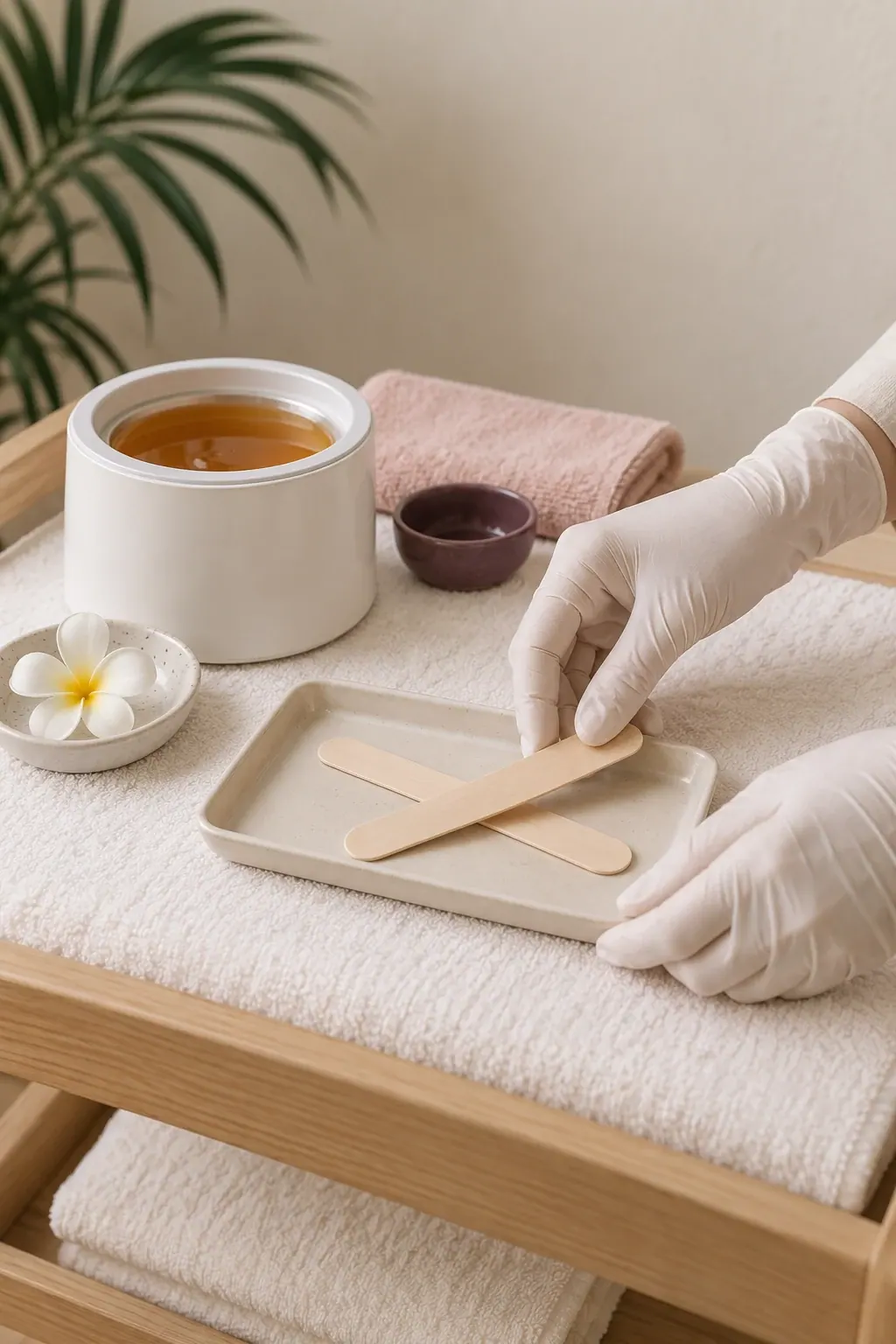 Gloved hands arrange a plain wax pot and wooden applicators beside folded ivory towels.