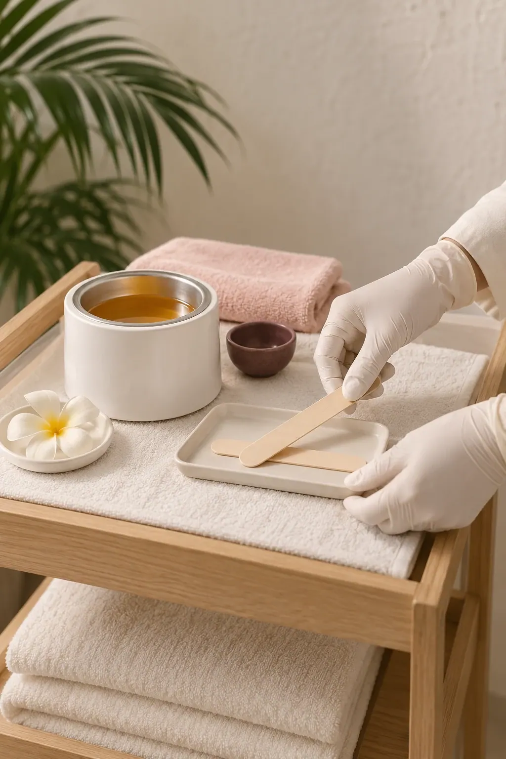 Gloved hands arrange a plain wax pot and wooden applicators beside folded ivory towels.