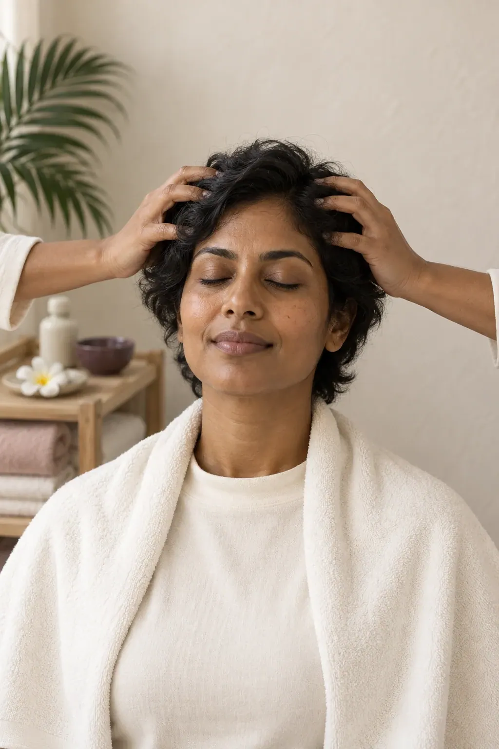 A seated guest rests with closed eyes while hands gently massage the scalp.