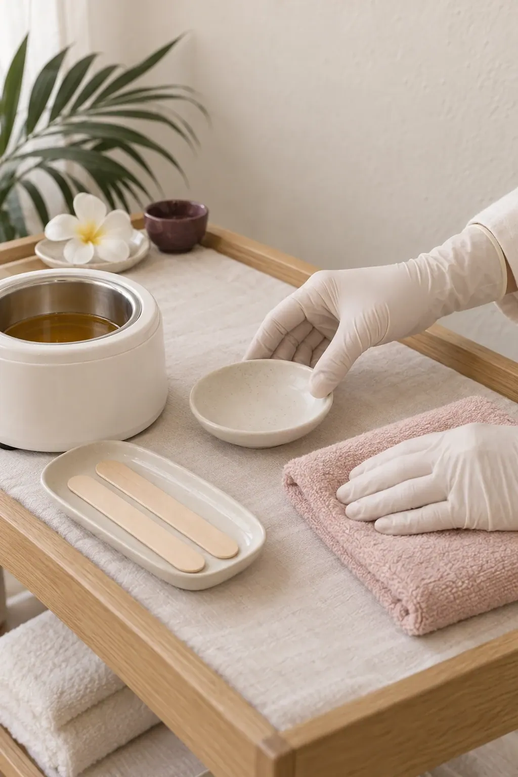 Gloved hands arrange a plain wax pot and wooden applicators beside folded ivory towels.