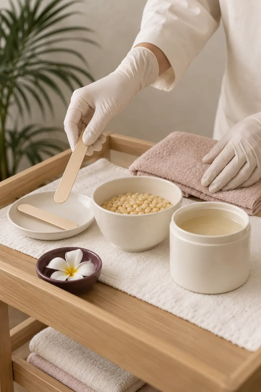 Gloved hands prepare hard-wax beads and wooden applicators beside folded ivory towels.