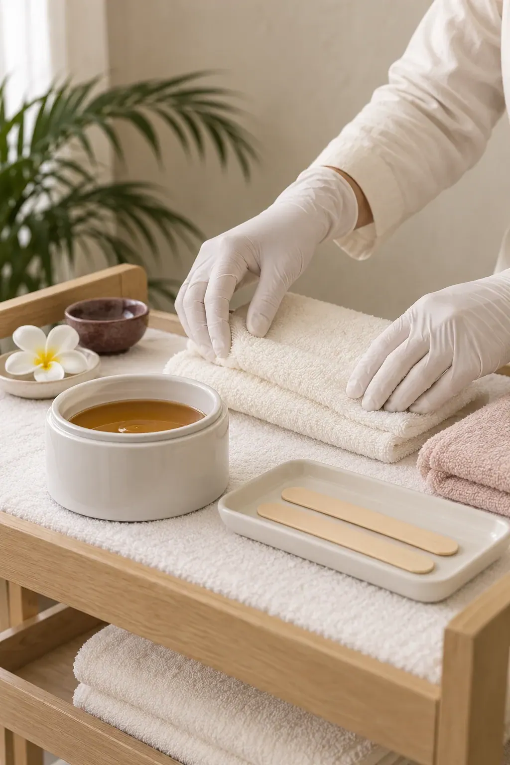 Gloved hands arrange a plain wax pot and wooden applicators beside folded ivory towels.