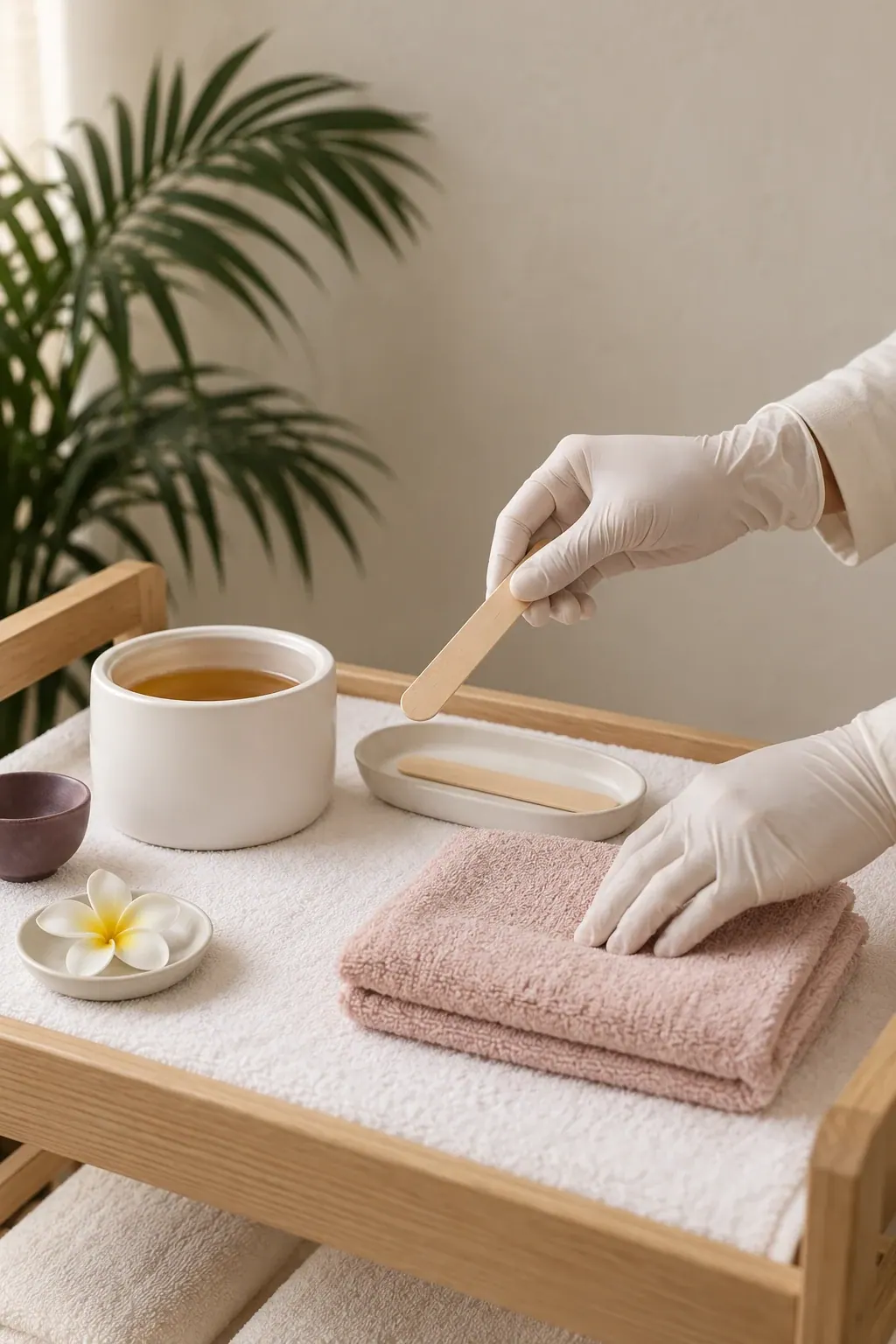 Gloved hands arrange a plain wax pot and wooden applicators beside folded ivory towels.