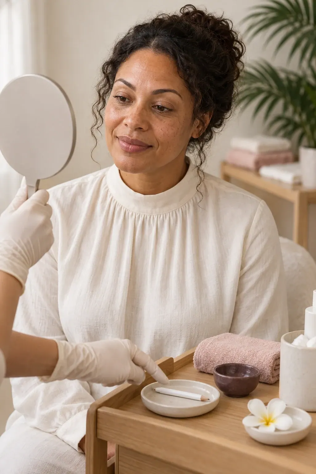 A guest discusses brow shape beside a plain mirror and an unused mapping pencil.