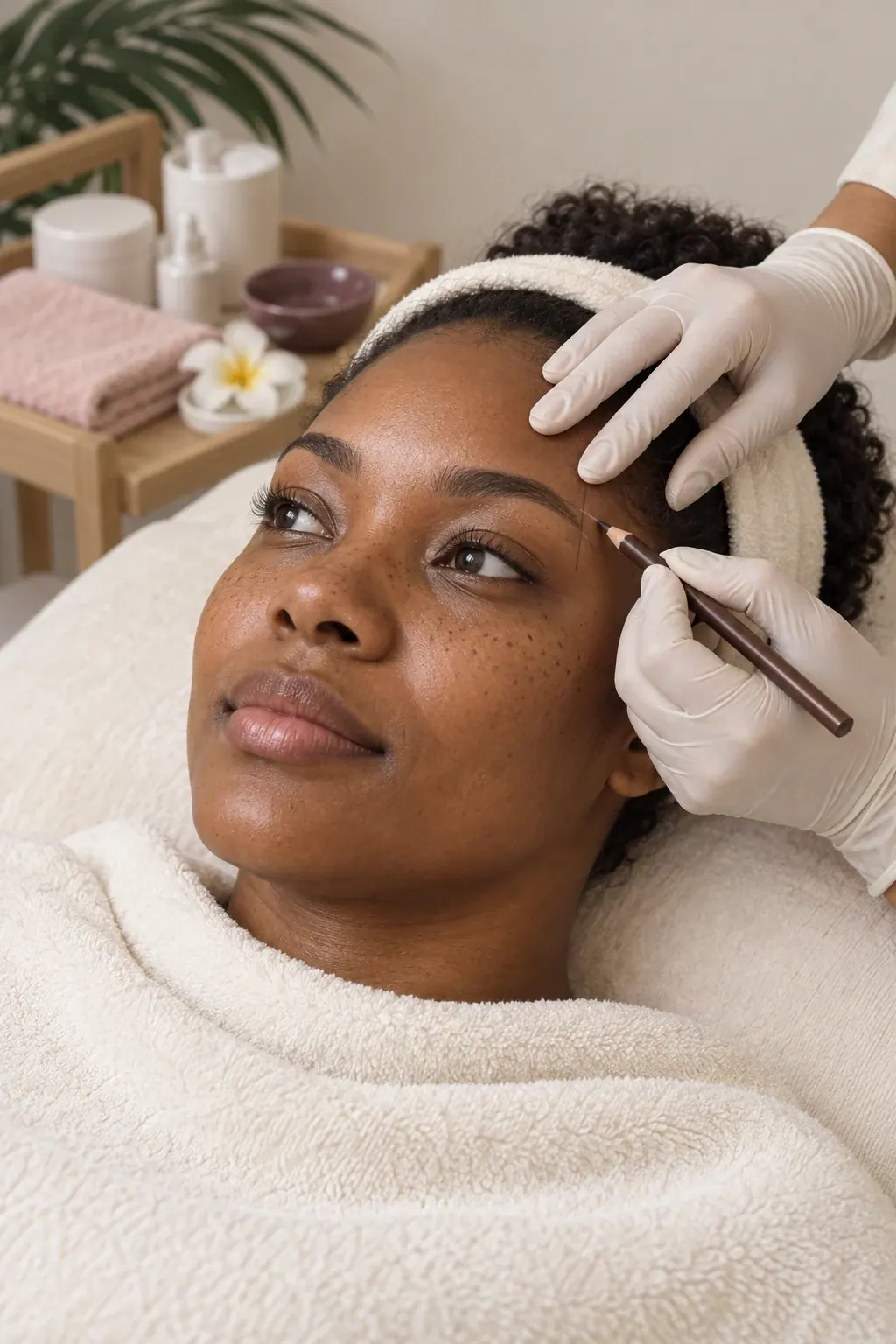 Gloved hands lightly mark a guest's natural brow outline with a plain mapping pencil.
