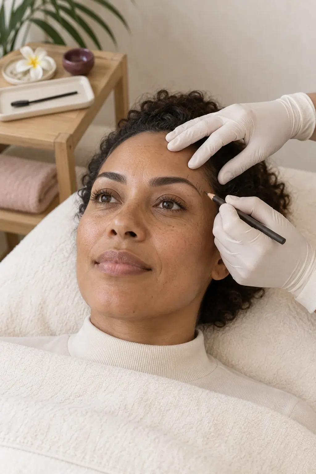 Gloved hands lightly mark a guest's natural brow outline with a plain mapping pencil.