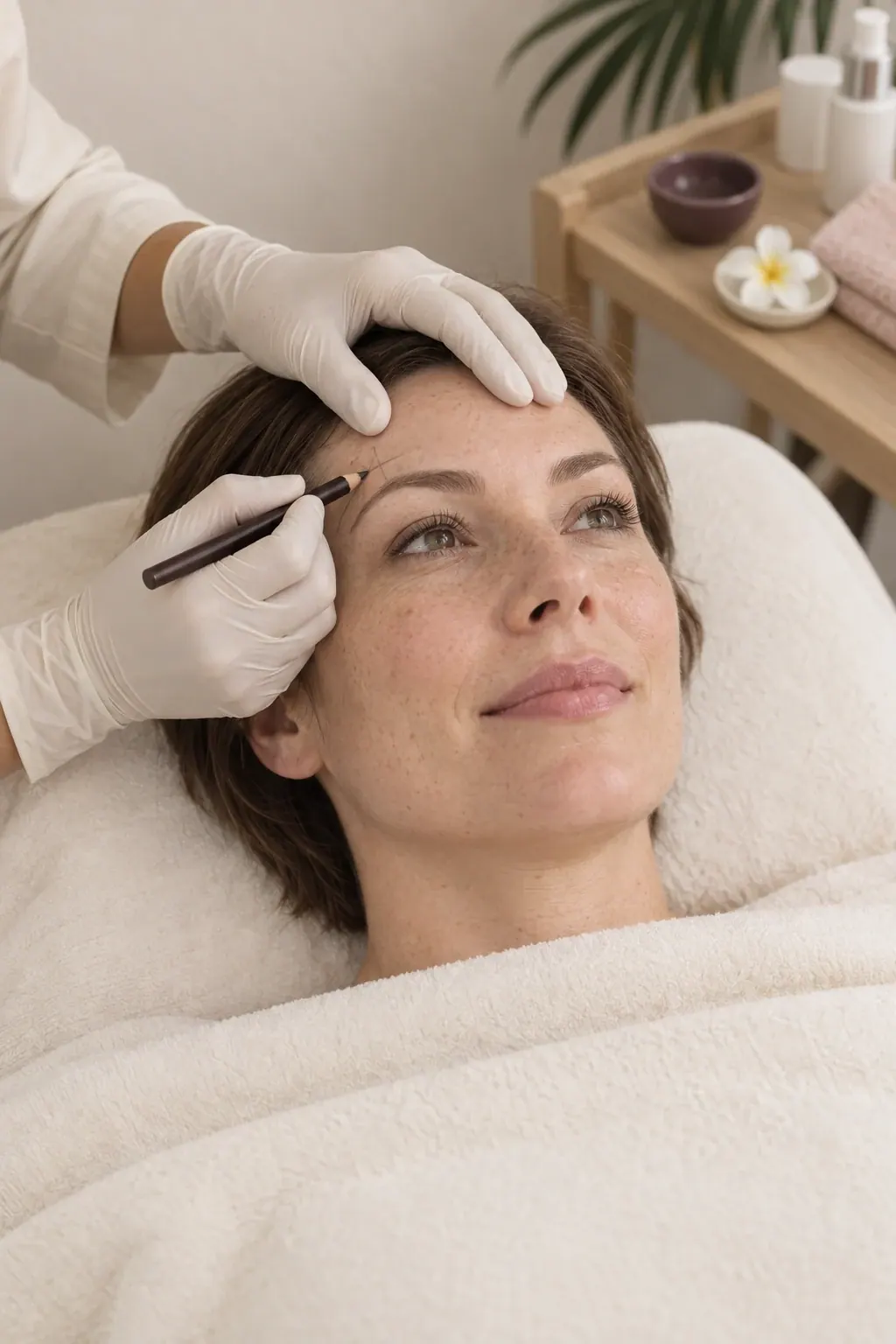 Gloved hands lightly mark a guest's natural brow outline with a plain mapping pencil.