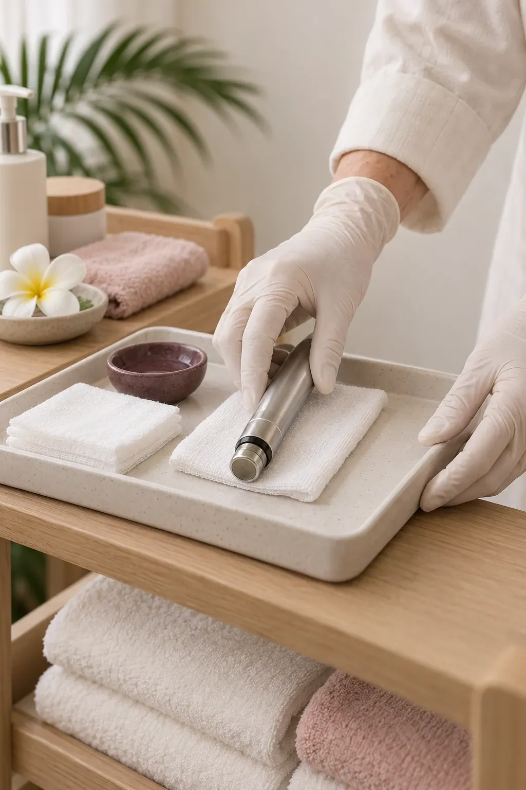 Gloved hands arrange a cosmetic exfoliation handpiece and fresh gauze on a clean tray.