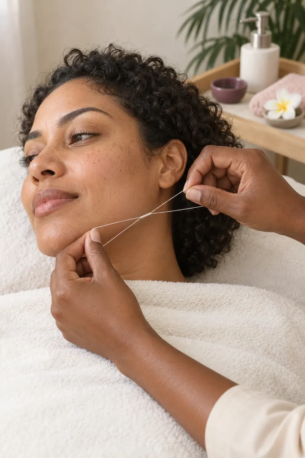 A guest rests under an ivory towel while cotton thread follows the jawline.