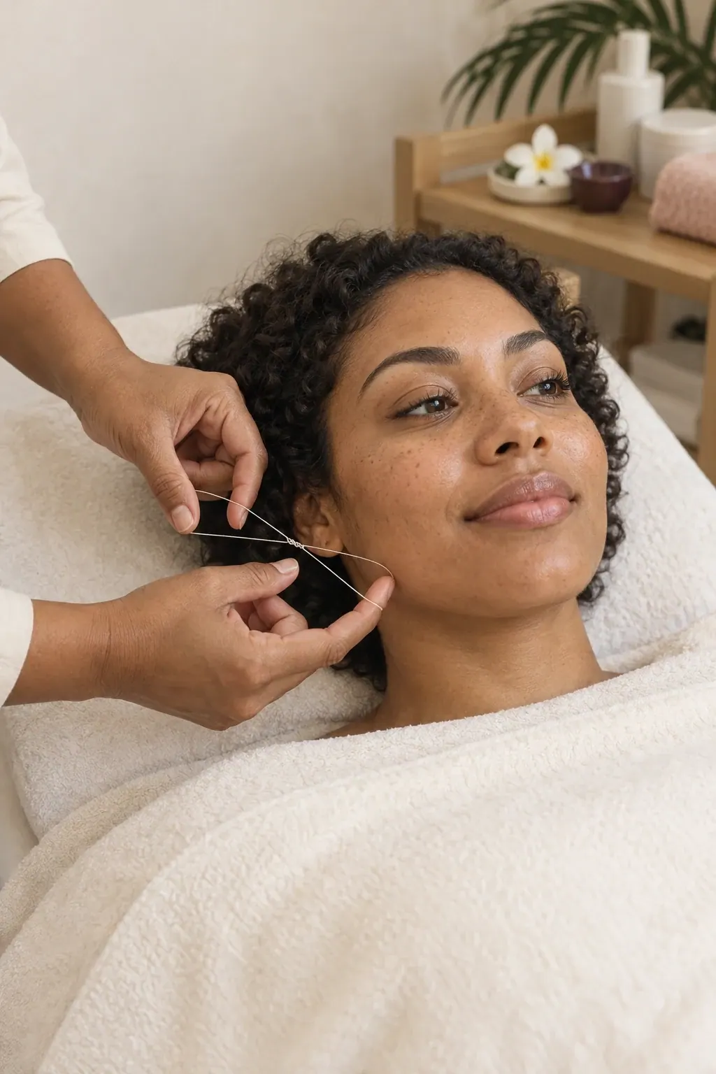A guest gently lifts the chin while cotton thread follows the side of the jaw.