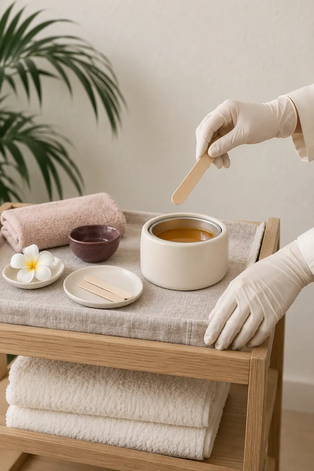 Gloved hands arrange a plain wax pot and wooden applicators beside folded ivory towels.