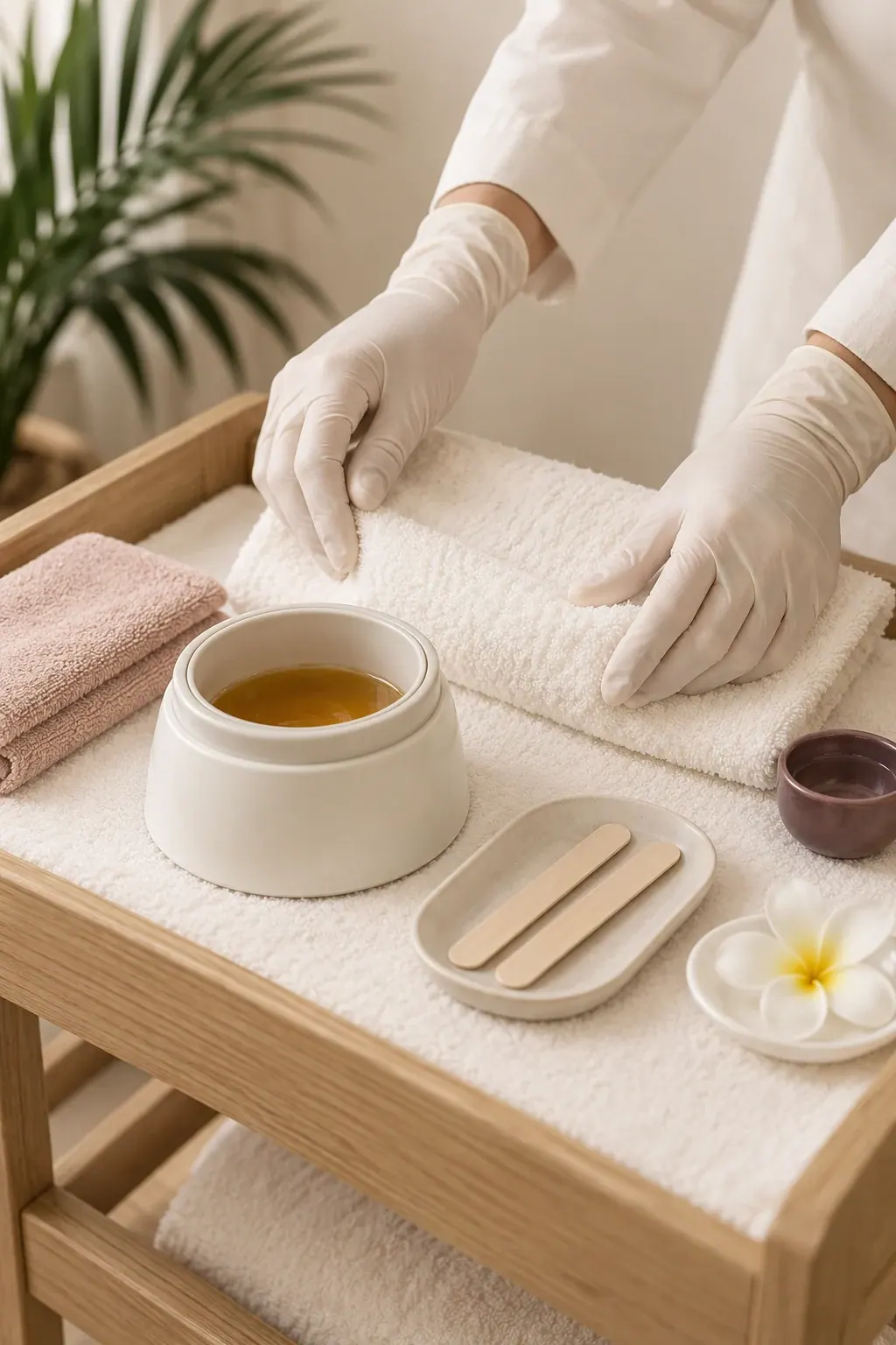 Gloved hands arrange a plain wax pot and wooden applicators beside folded ivory towels.