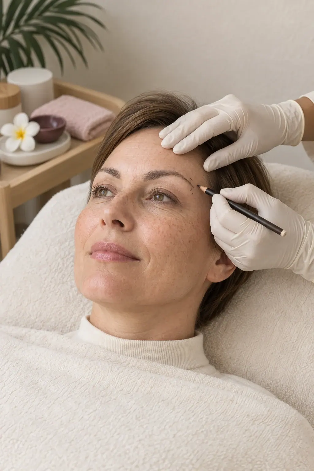 Gloved hands lightly mark a guest's natural brow outline with a plain mapping pencil.