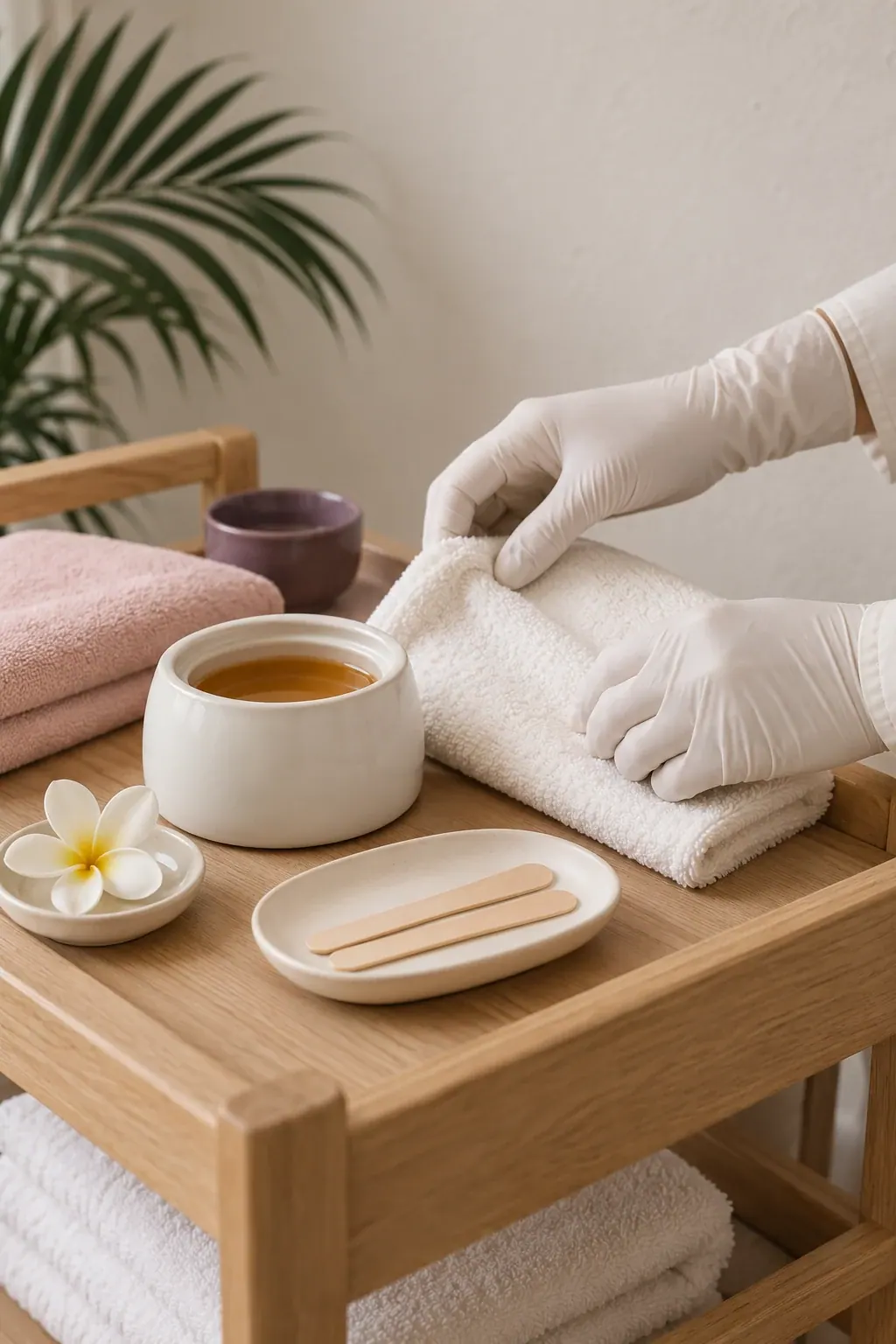 Gloved hands arrange a plain wax pot and wooden applicators beside folded ivory towels.