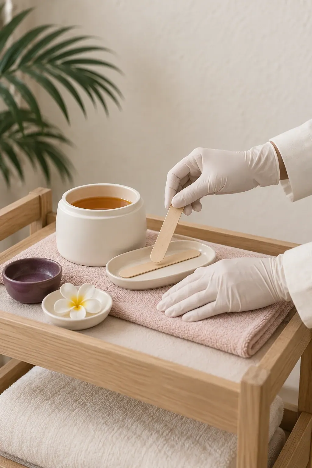 Gloved hands arrange a plain wax pot and wooden applicators beside folded ivory towels.