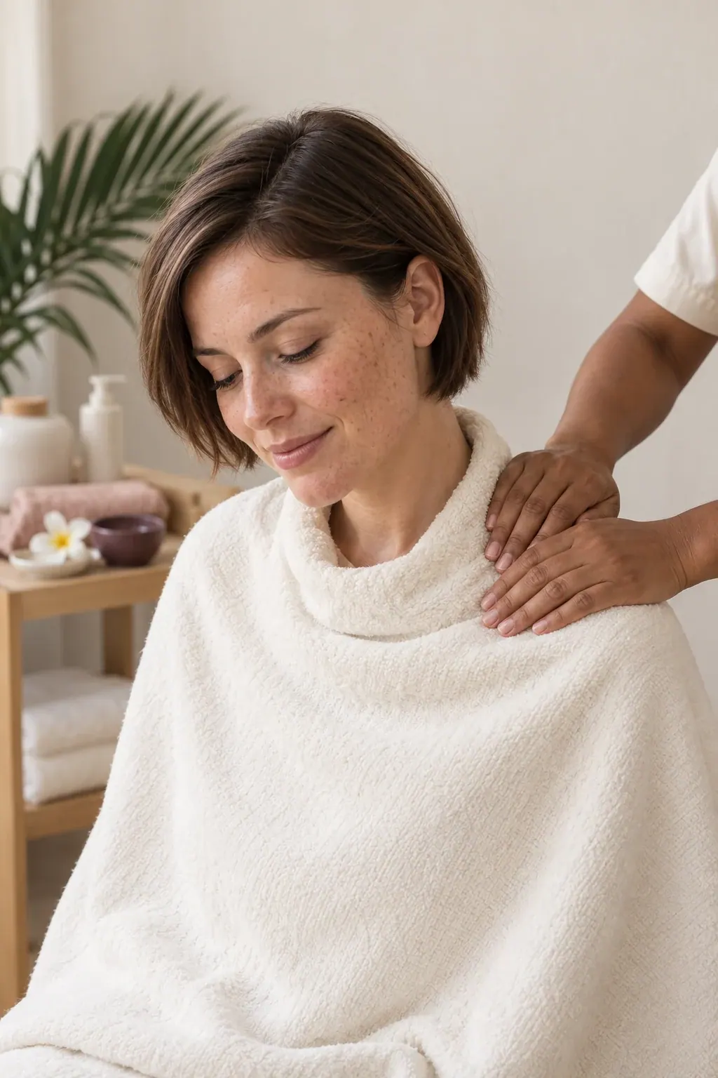 A guest receives a gentle shoulder massage while wrapped in an opaque ivory towel.