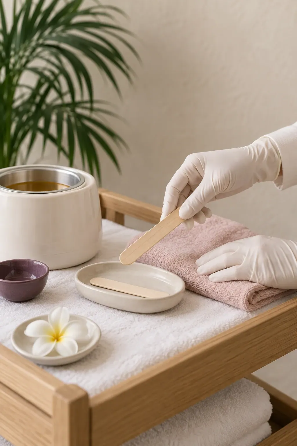 Gloved hands arrange a plain wax pot and wooden applicators beside folded ivory towels.