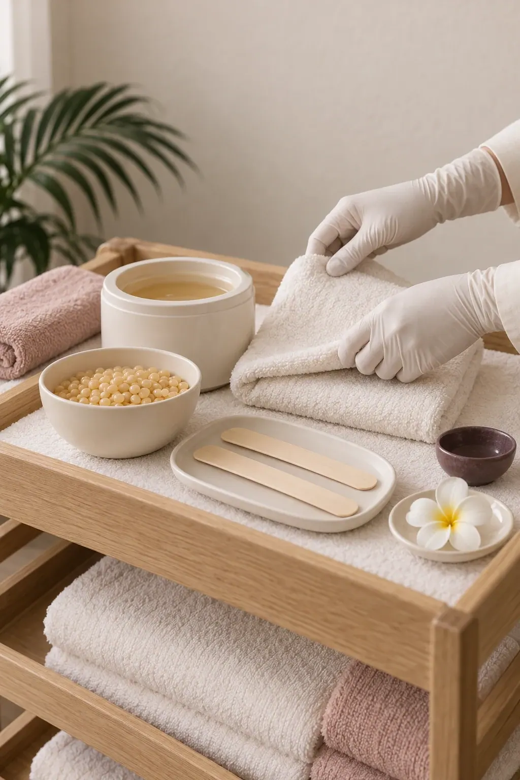 Gloved hands prepare hard-wax beads and wooden applicators beside folded ivory towels.