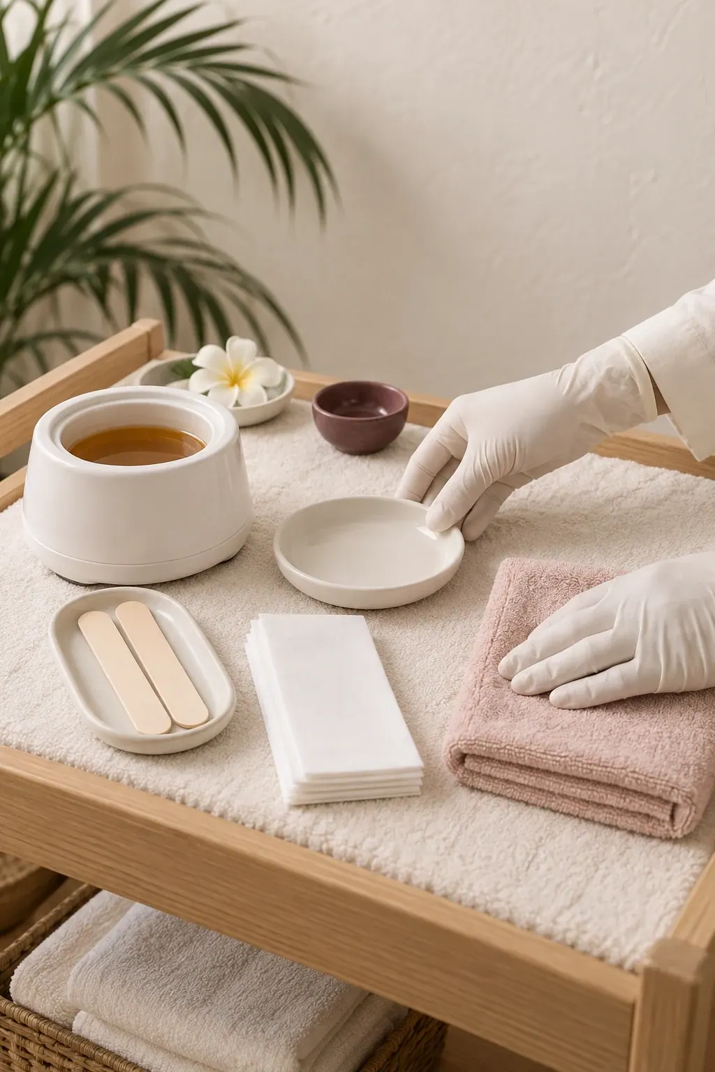 Gloved hands arrange wax strips and wooden applicators beside clean towels and a plain wax pot.