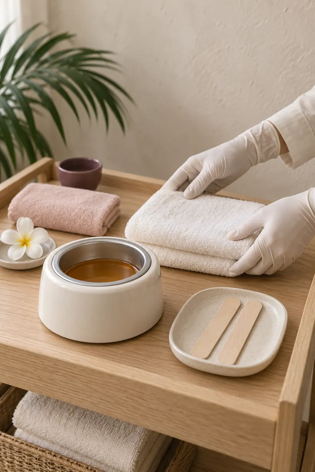 Gloved hands arrange a plain wax pot and wooden applicators beside folded ivory towels.