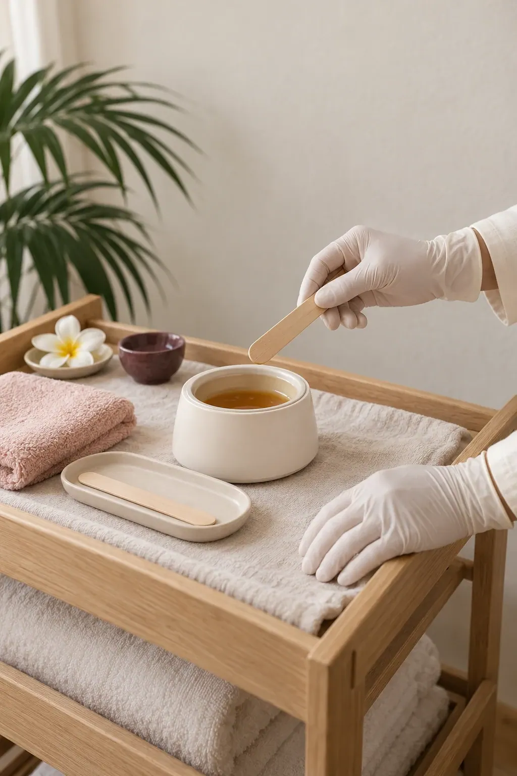Gloved hands arrange a plain wax pot and wooden applicators beside folded ivory towels.