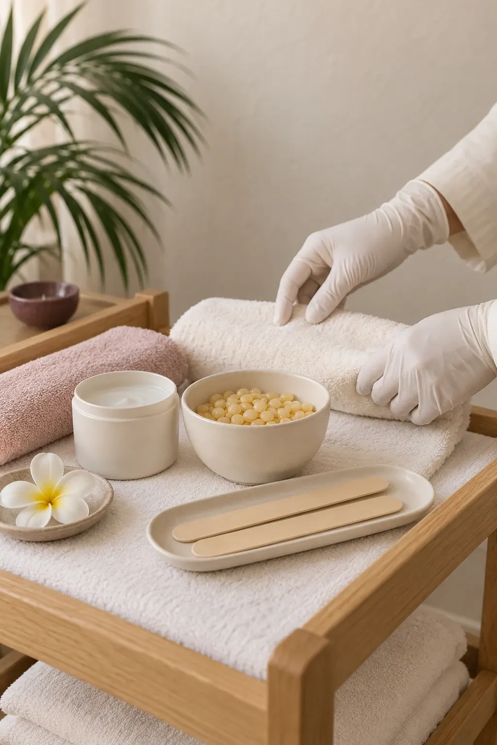 Gloved hands prepare hard-wax beads and wooden applicators beside folded ivory towels.