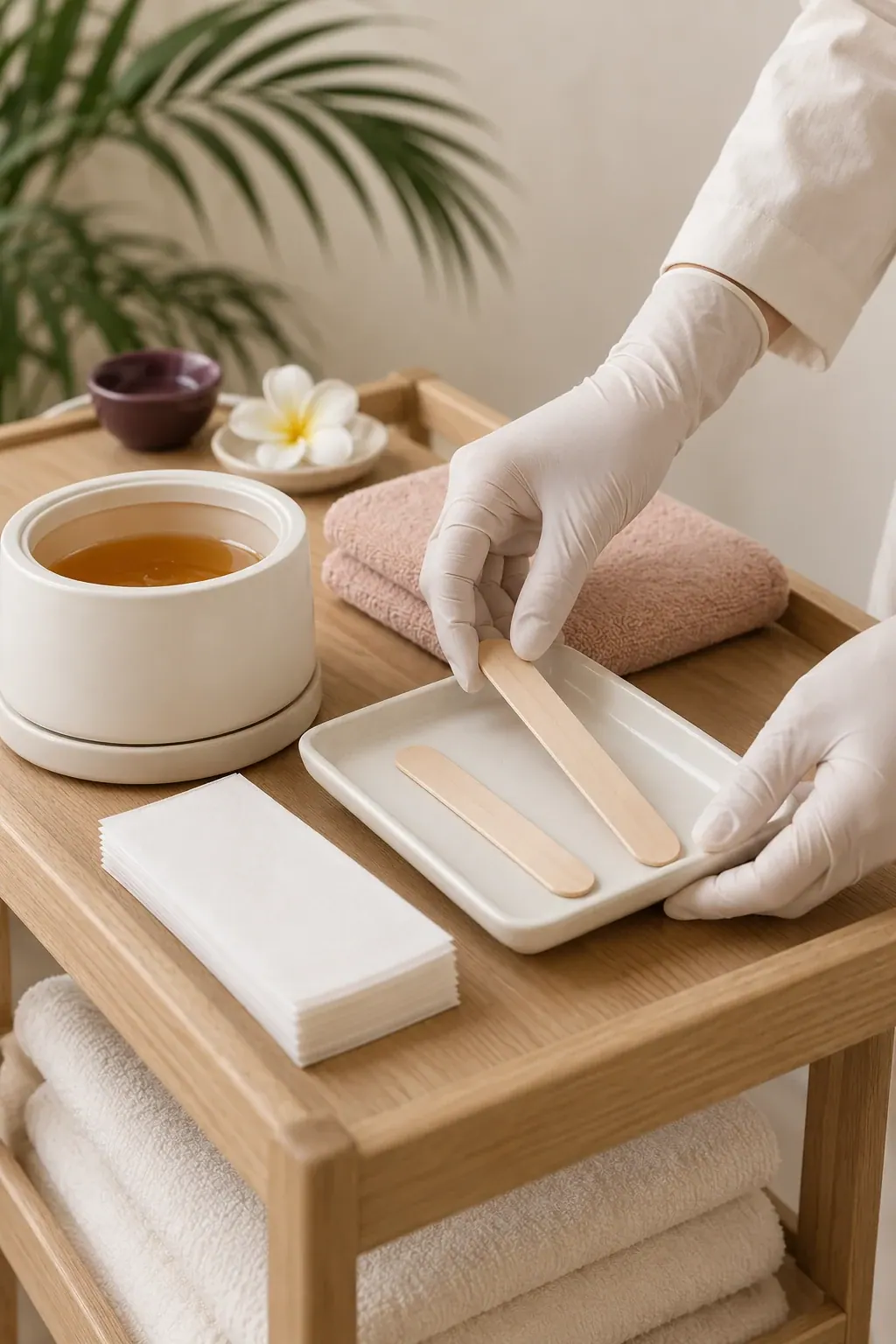 Gloved hands arrange wax strips and wooden applicators beside clean towels and a plain wax pot.