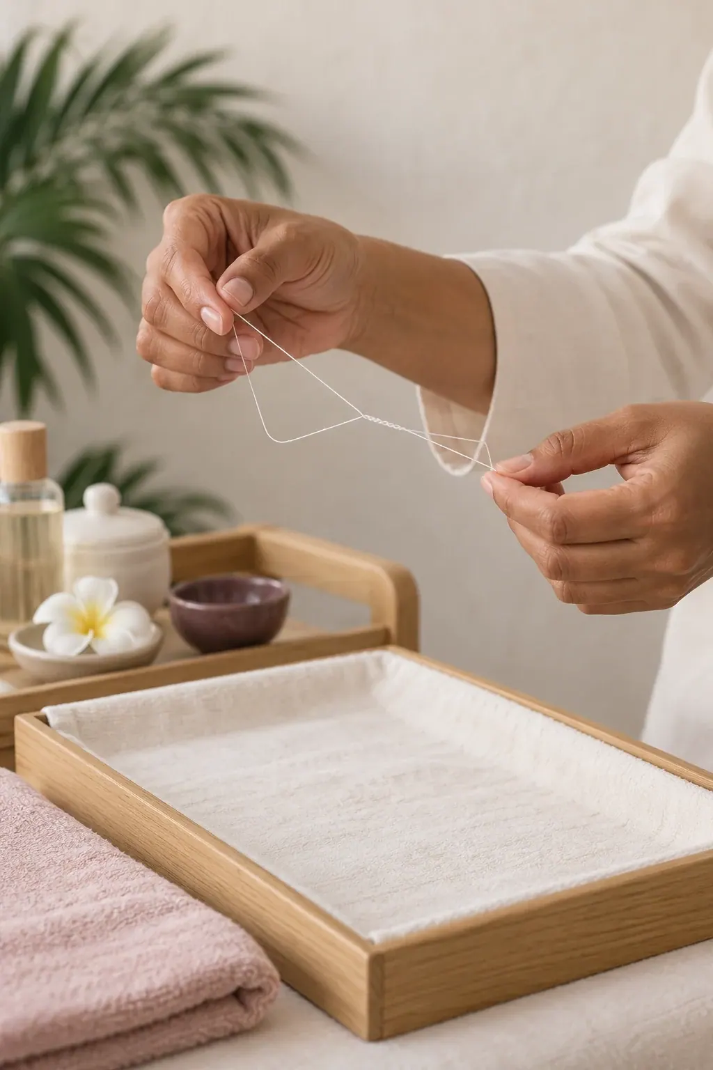 Hands prepare a cotton-thread loop above a clean tray beside folded ivory towels.