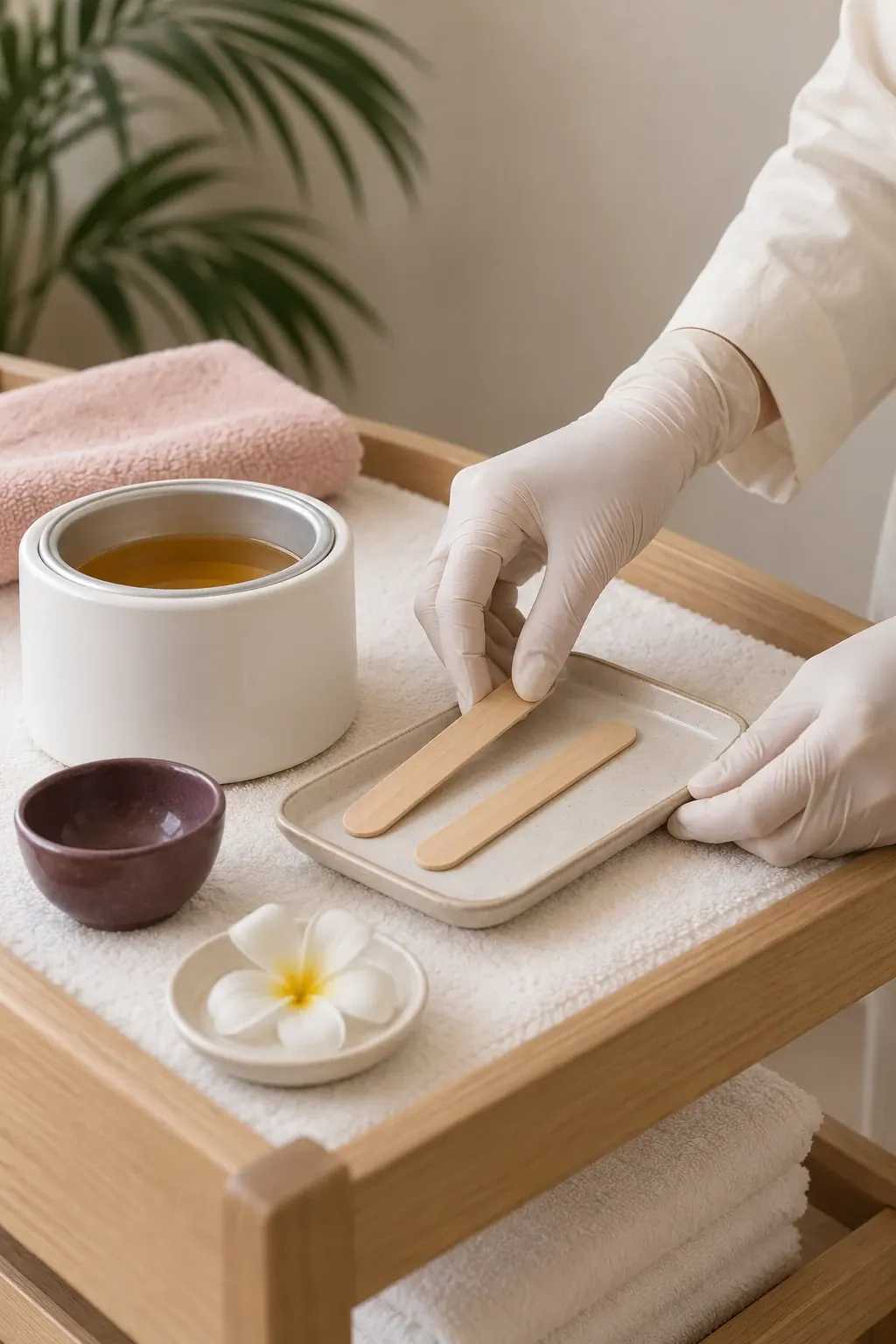 Gloved hands arrange a plain wax pot and wooden applicators beside folded ivory towels.