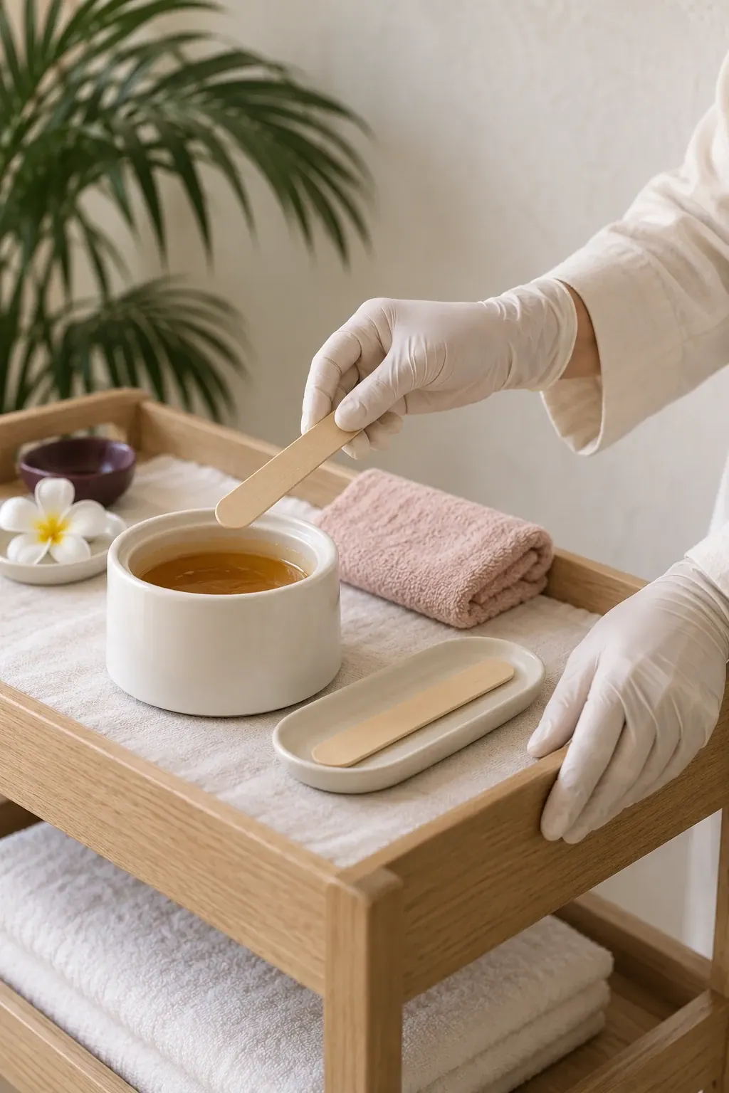 Gloved hands arrange a plain wax pot and wooden applicators beside folded ivory towels.