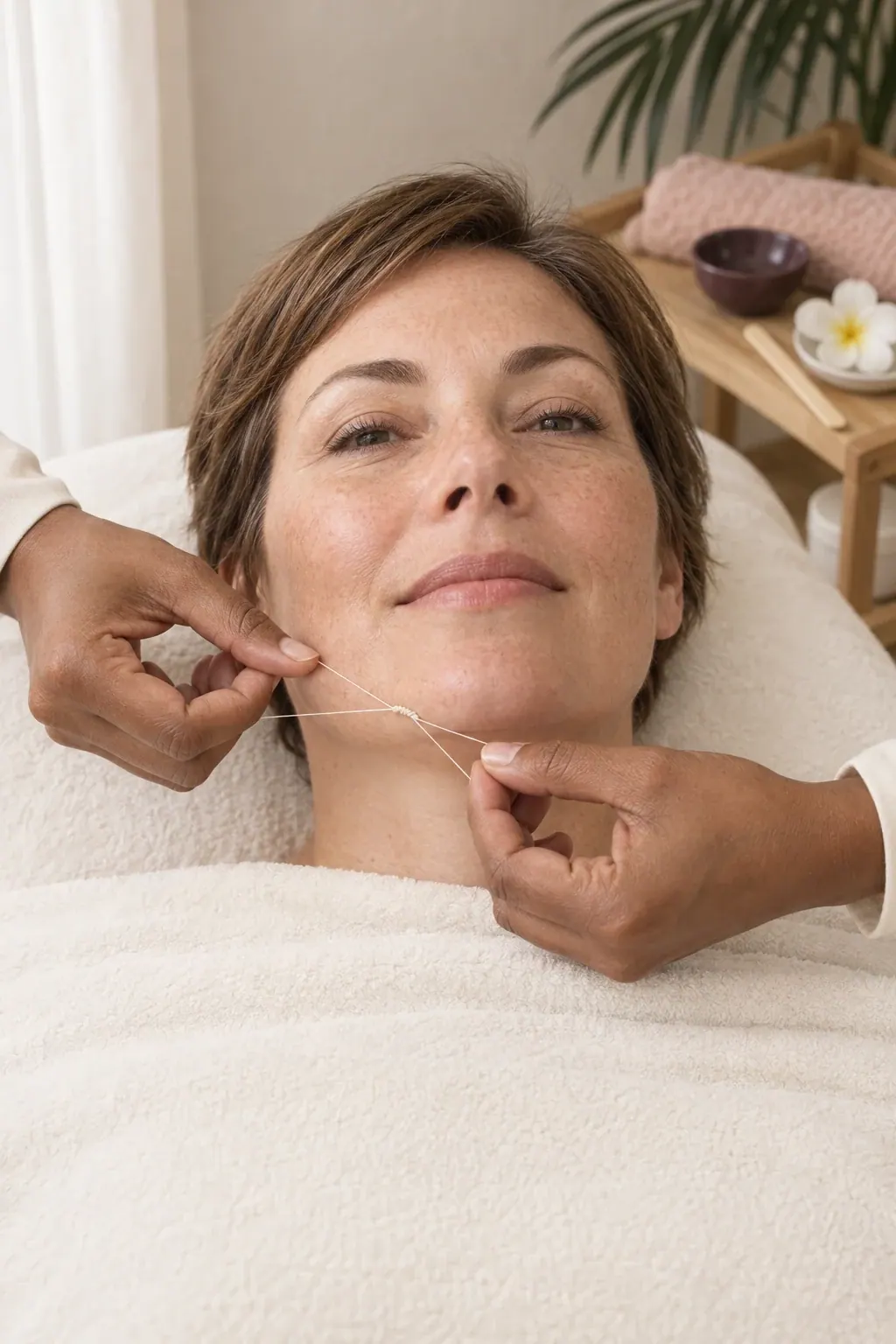 Cotton thread is held along a guest's chin beside a folded ivory towel.