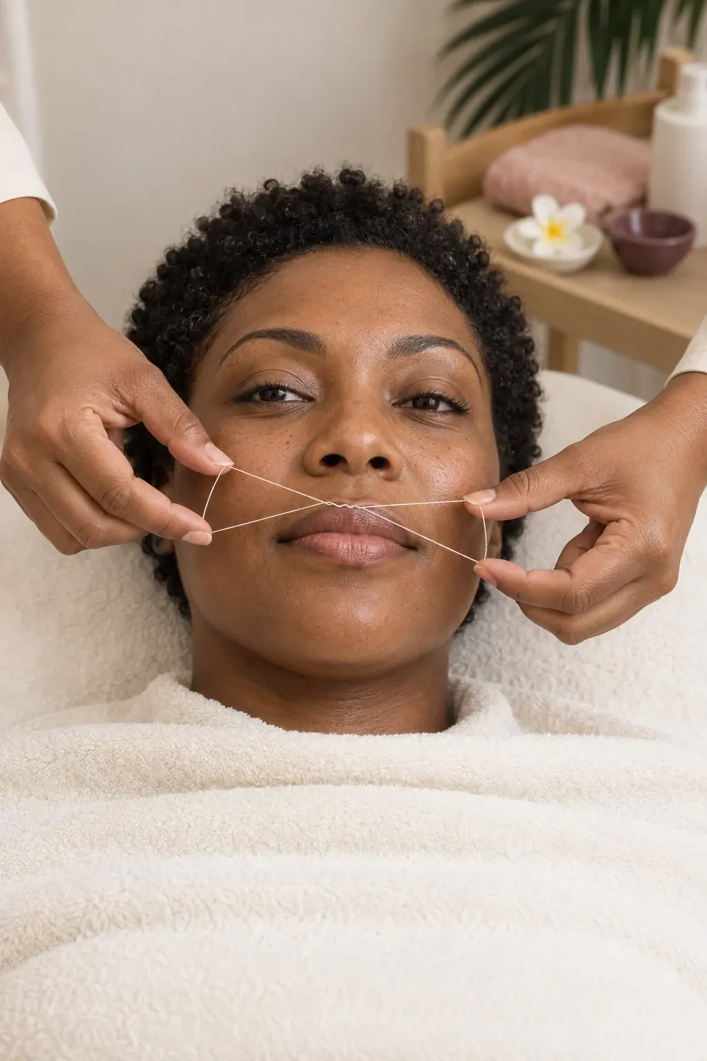 A guest rests under an ivory towel while cotton thread follows the upper lip.