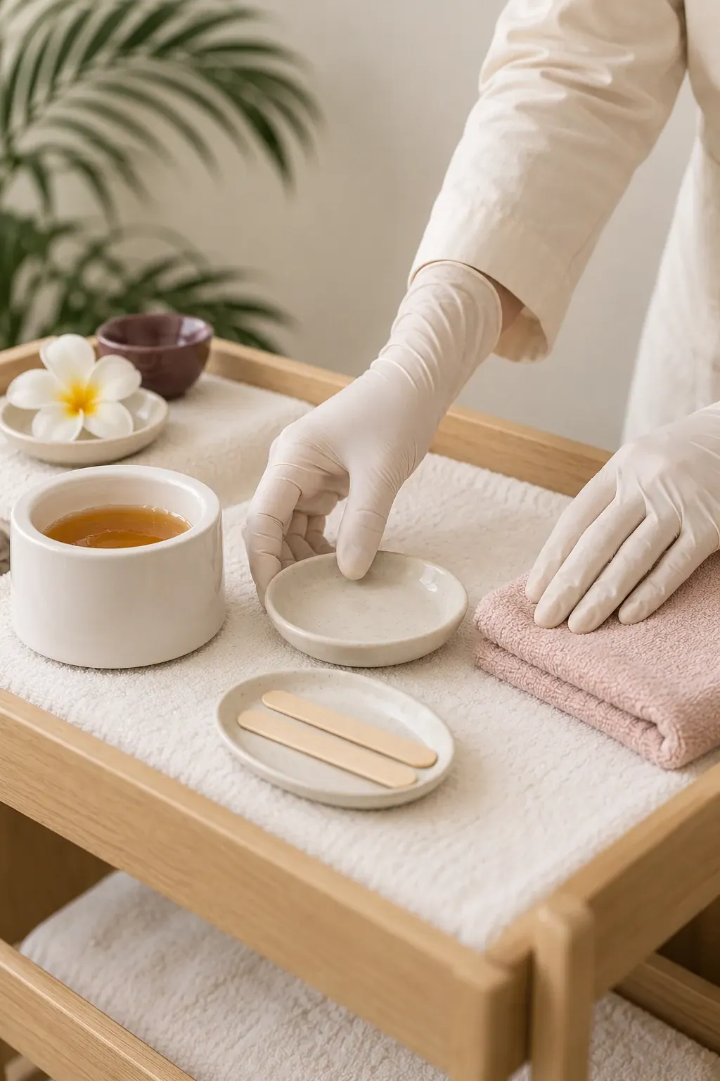 Gloved hands arrange a plain wax pot and wooden applicators beside folded ivory towels.