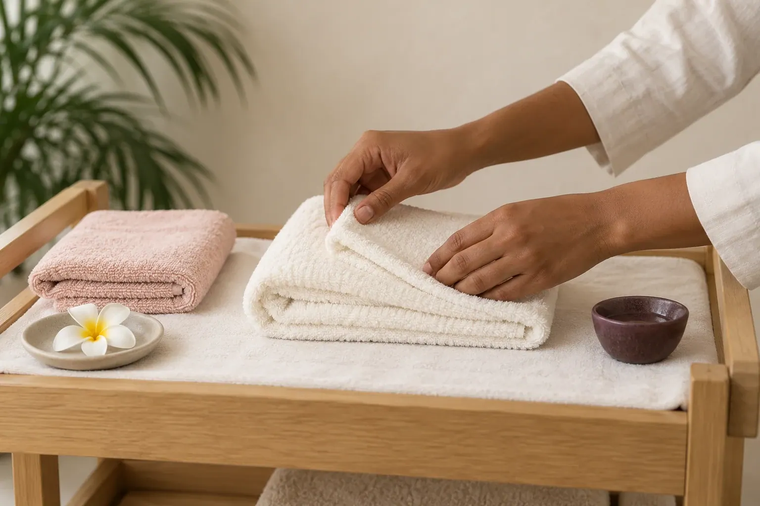 Hands fold a clean ivory towel beside a small flower and a plain ceramic bowl.