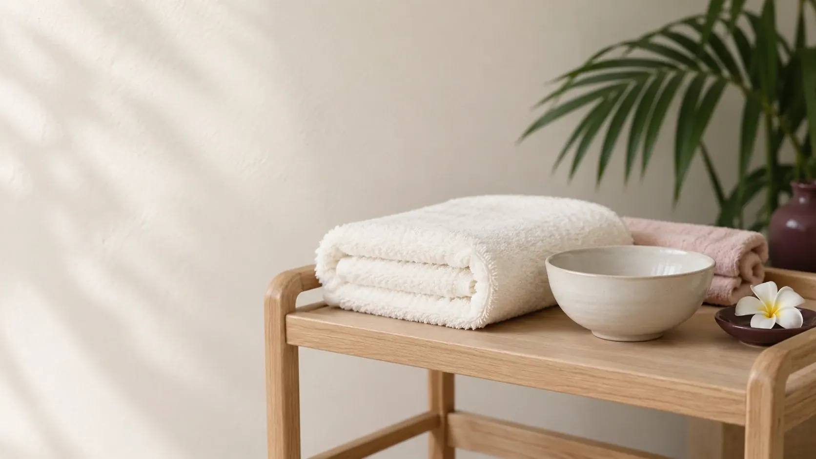 A folded ivory towel and a plain ceramic bowl sit together in soft daylight.
