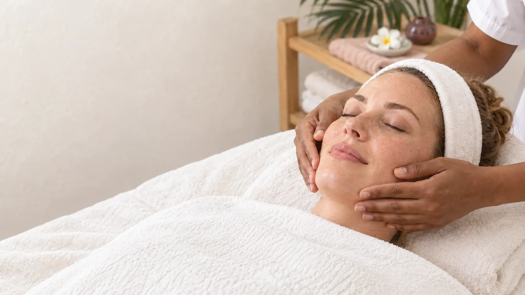 A guest receives a gentle facial massage in a softly lit treatment-room scene.