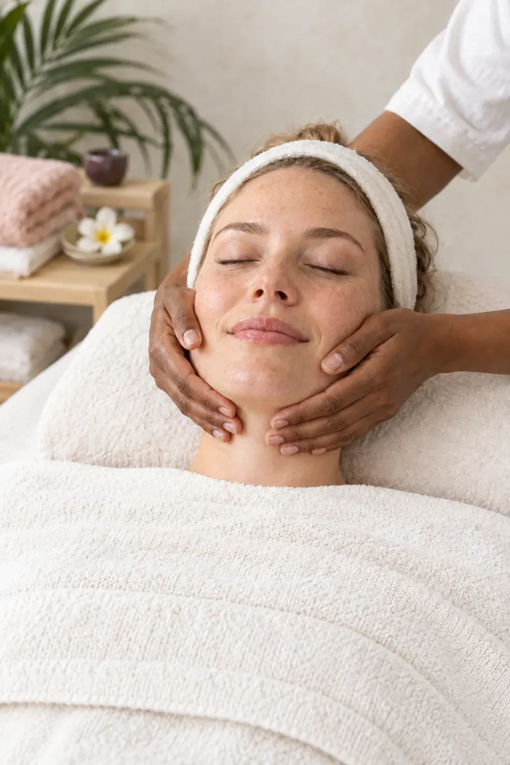 A guest resting during a facial, with a frangipani flower beside her