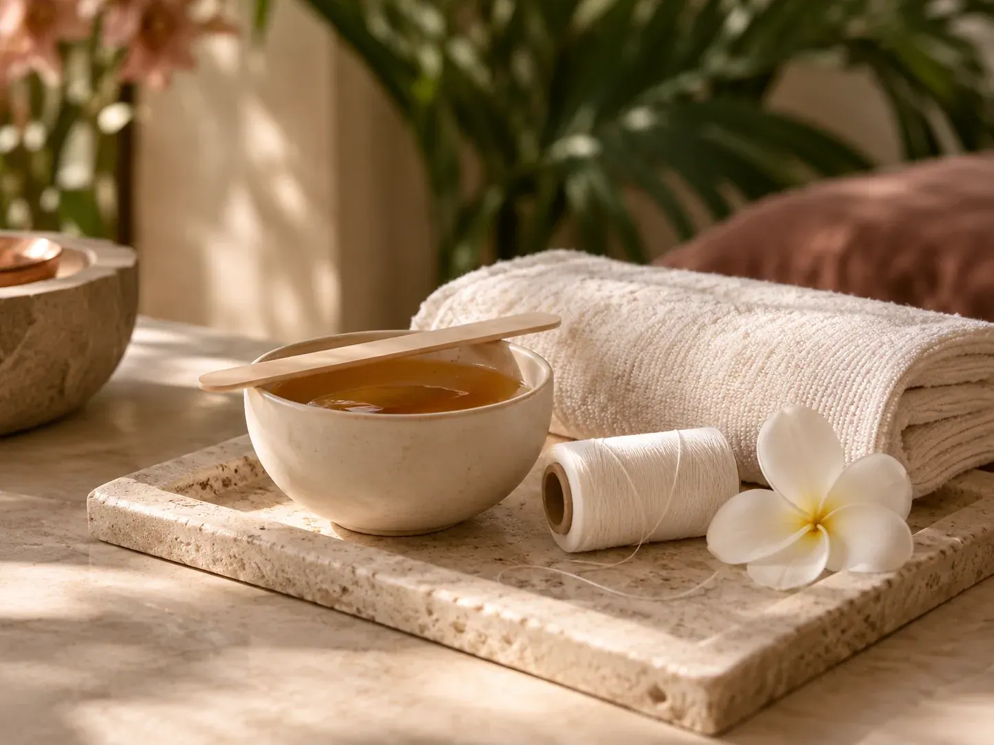 Warm wax, threading cotton and an ivory towel beside a frangipani flower on a limestone tray