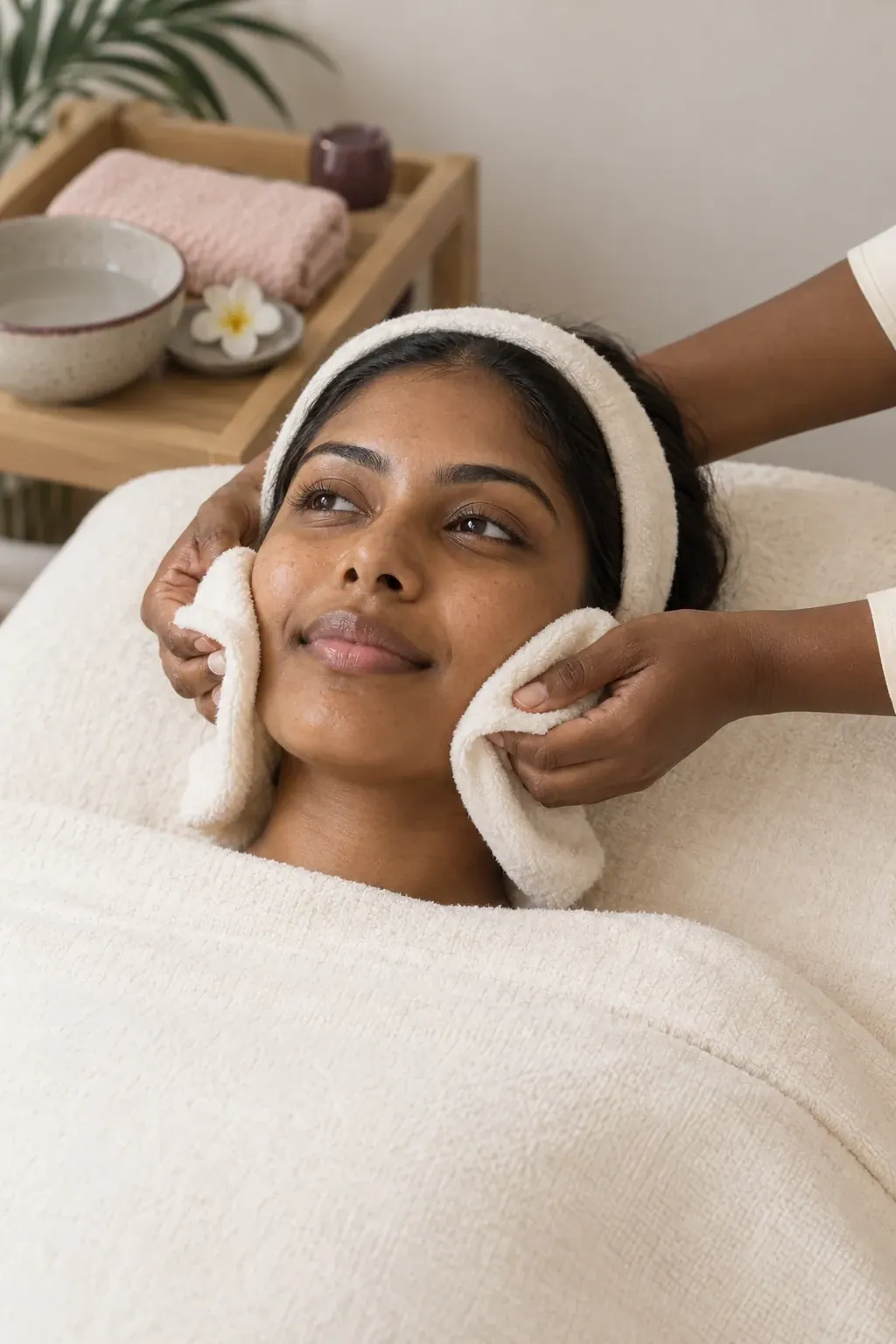 Hands hold a soft cloth beside a guest's cheeks in a quiet facial treatment scene.