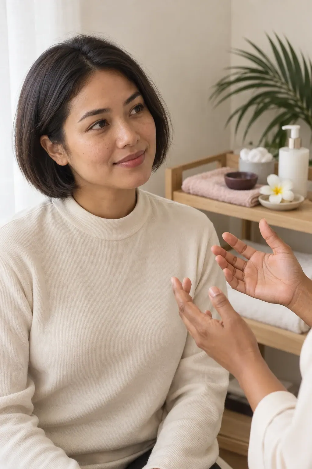 A client talking with her therapist in a bright treatment room, with towels and a frangipani flower on the shelf beside them