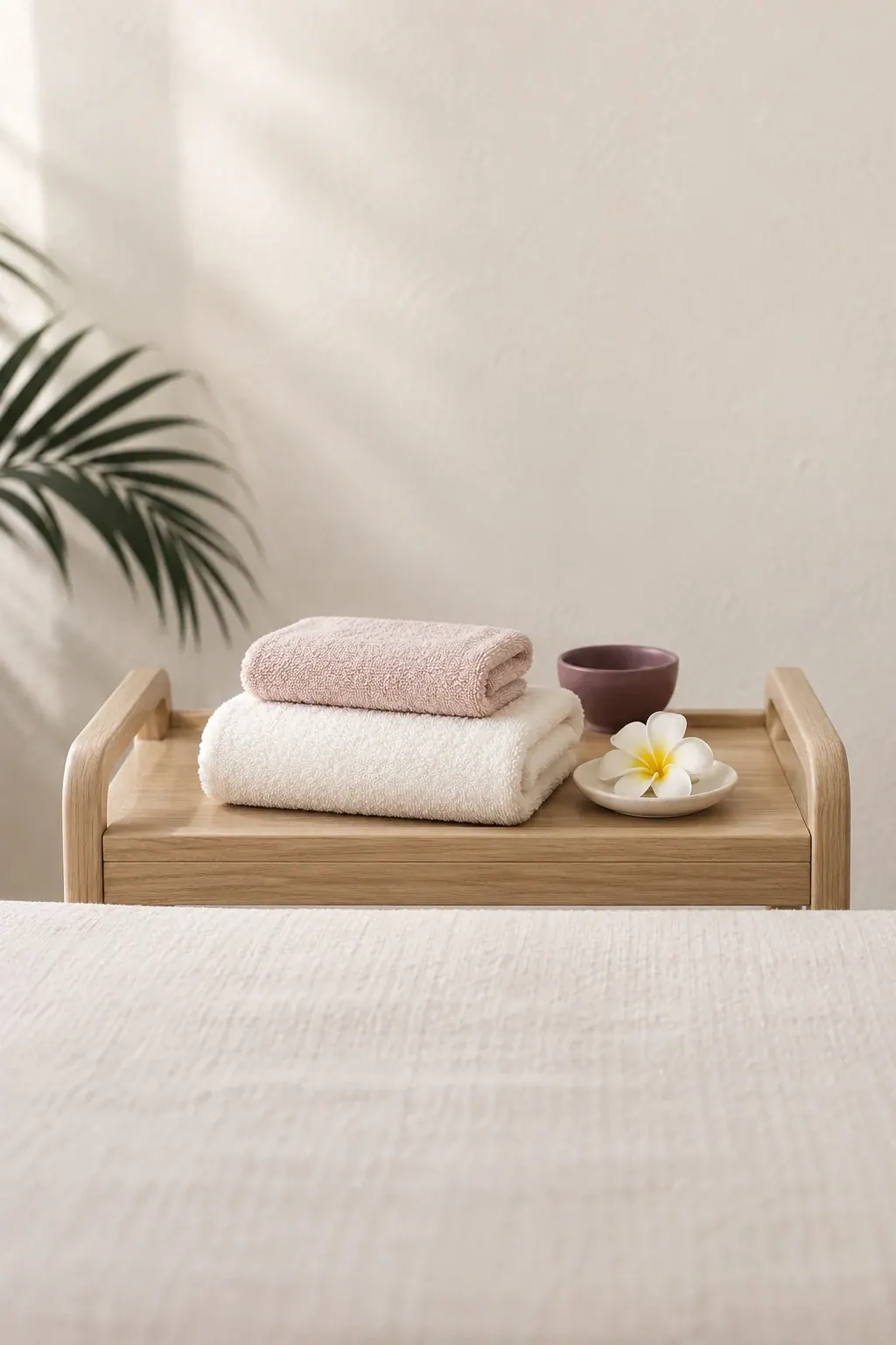Ivory and blush towels on a wooden tray beside a frangipani flower on a small dish, with a palm leaf shadow on the wall