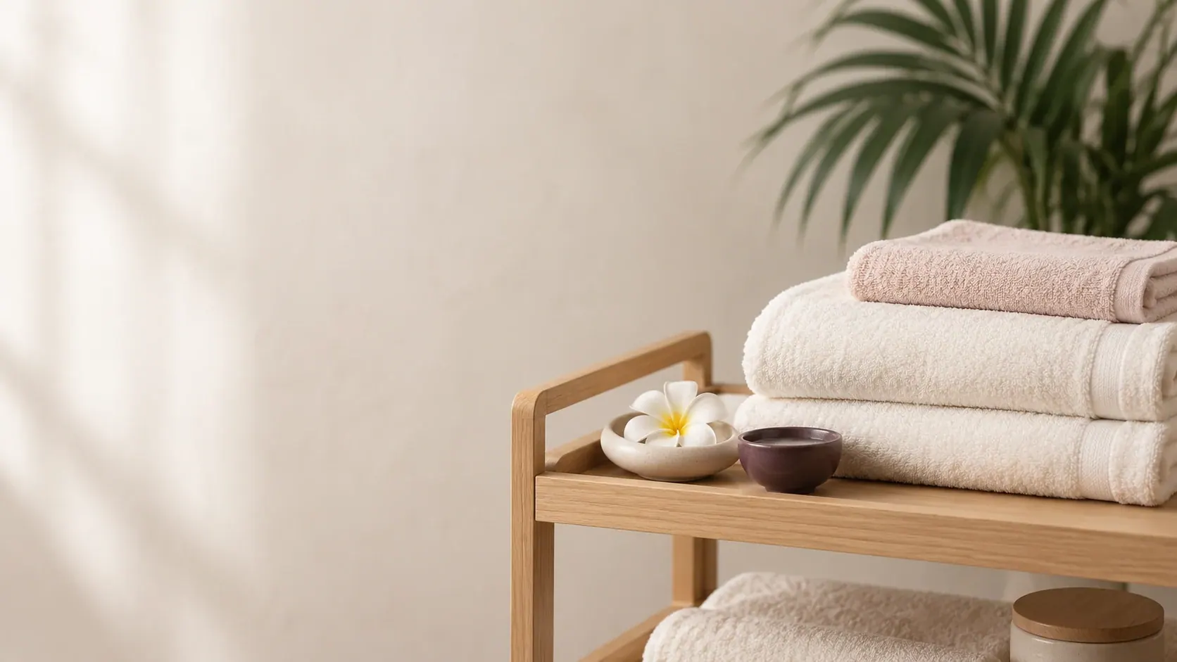 Folded ivory towels and a small flower sit on a trolley in soft window light.