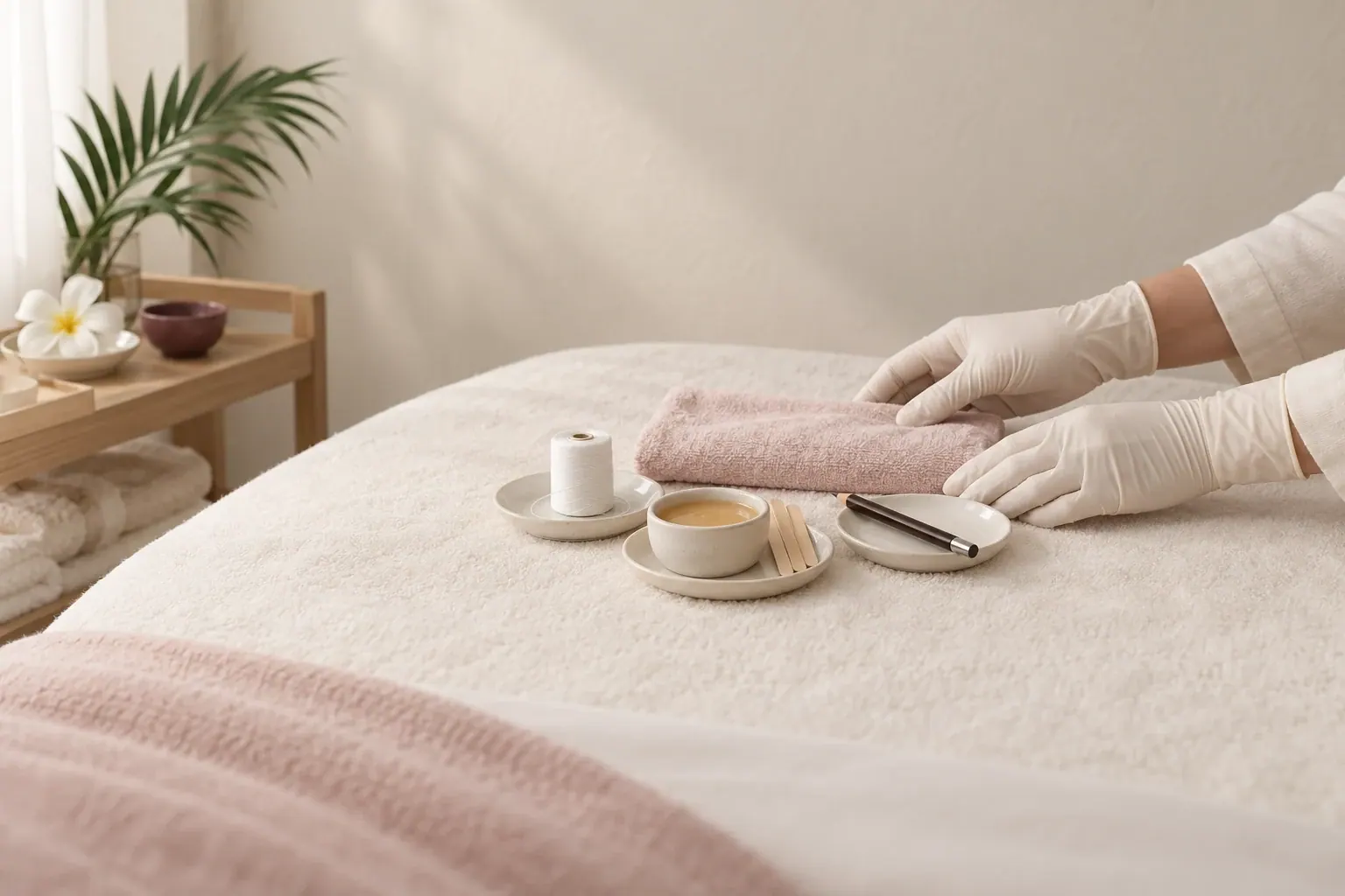 Gloved hands arrange thread, wax tools and a mapping pencil beside folded ivory linen.